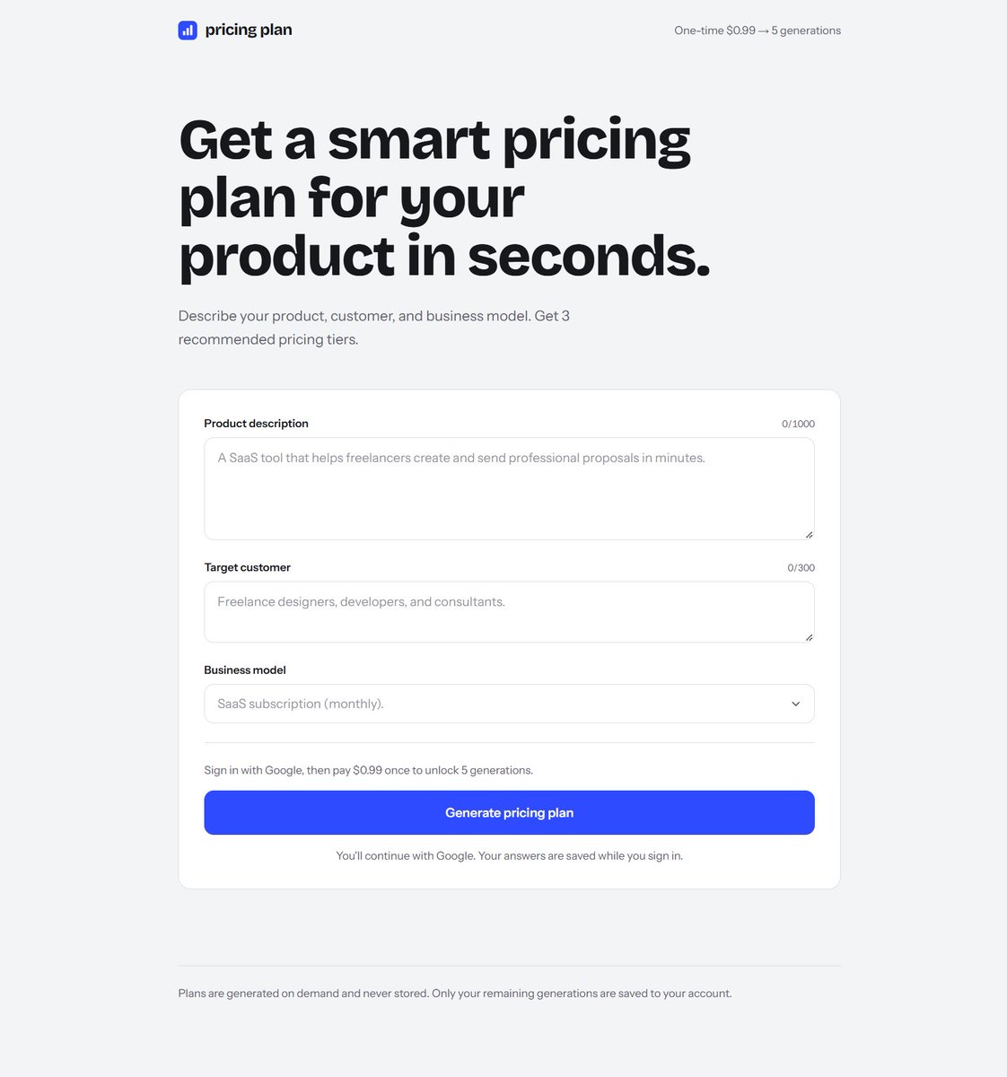 ankitkac's tweet photo. Day 8

Shipped a pricing plan builder for new SaaS founders.

Describe your product. Get simple pricing tiers you can put on your site.

https://t.co/IodJjZ947Y