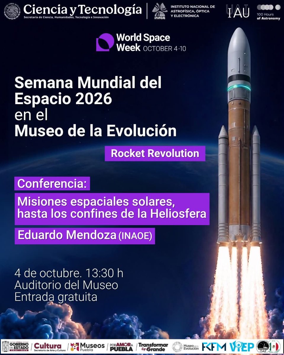 inaoe_mx's tweet photo. Les compartimos el programa de la Semana Mundial del Espacio 2026, la cual se llevará a cabo en el Museo de la Evolución. ¡Los esperamos!

📆 4 de octubre
🕒 Desde las 10:00 horas. https://t.co/EY0jUtS0Q1