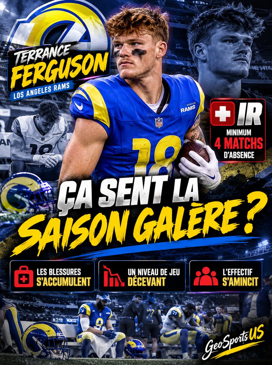 GeoSportsUS's tweet photo. 🚨 LES RAMS VERS UNE SAISON GALÈRE ? 🐏
Les mauvaises nouvelles continuent de s'accumuler à Los Angeles. Terrance Ferguson rejoint à son tour l'Injured Reserve et manquera au minimum quatre matchs.
🏥 Les blessures s'accumulent
📉 Un niveau de jeu loin des attentes
🔄 Xavier Smith vient également d'être coupé
❌ Ferguson désormais absent au minimum 4 matchs
Individuellement, la perte de Ferguson n'est peut-être pas catastrophique. Mais ajoutée aux autres absences et aux difficultés affichées depuis le début de saison, elle commence à dessiner une tendance beaucoup plus inquiétante pour les Rams.
L'effectif s'amincit et les performances ne suivent pas suffisamment pour compenser.
👀 Simple mauvais début de saison ou les Rams se dirigent-ils déjà vers une saison débâcle ?
#NFL #Rams #RamsHouse