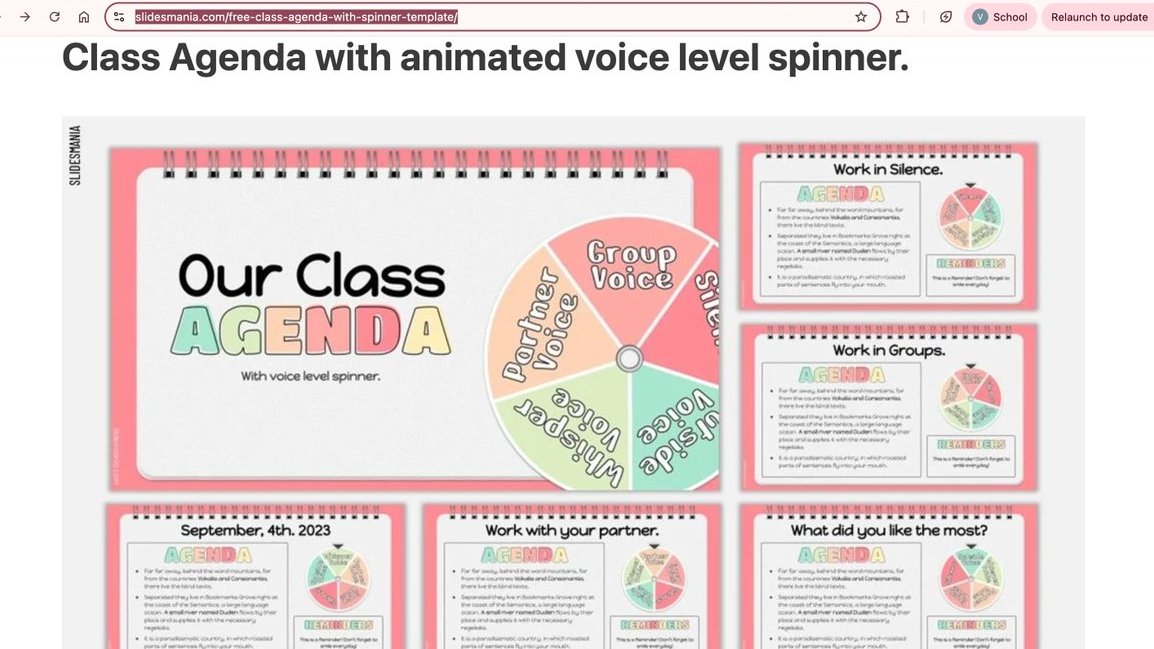 ValeriaLopez081's tweet photo. I want to share this Class Agenda template that I downloaded from Slides Mania. I plan to use this in my classroom to stay organized. It includes an animated voice-level spinner that indicates the appropriate volume level. Here's the link: https://t.co/Wl2cmpvk1F #EdTechECC https://t.co/nvslqtfuSN