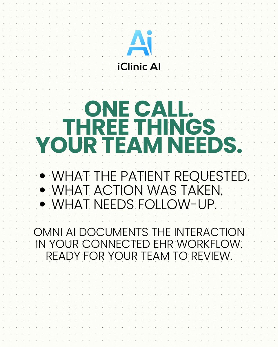 iclinic_'s tweet photo. A patient conversation contains information your team needs to act on.

OMNI AI captures the request, records the action taken, and documents the interaction in your connected EHR workflow. Matters requiring human attention are routed to staff.
.
.
.
#iClinicAI #EHRIntegration https://t.co/IBjx5j53Yi