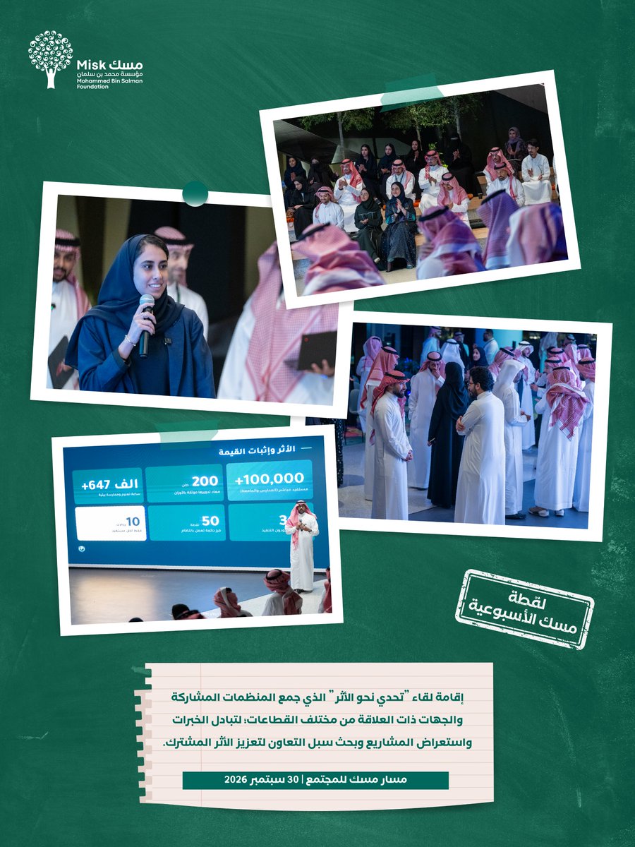 MiskKSA's tweet photo. وثّقت #لقطة_مسك_الأسبوعية "لقاء نحو الأثر" ضمن برنامج #تحدي_نحو_الأثر، حيث اجتمعت المنظمات والشركات المشاركة مع جهات من مختلف القطاعات لتبادل الرؤى والخبرات، وفتح آفاق التعاون لتطوير مشاريعها وتعزيز أثرها في مواجهة التحديات التنموية.

#مؤسسة_مسك https://t.co/giesQh96cP