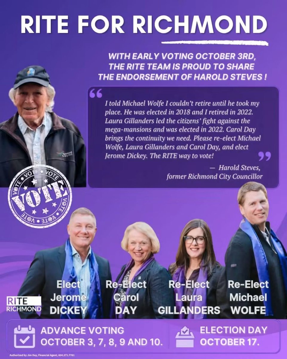 RITERichmond's tweet photo. RITE will continue to work for the residents and not special interests, we will protect the #ALR, we will protect heritage, quality of life, and bringing your voice to council. Please vote RITE on October 17. #voteRITE #RichmondBC #Steveston #rmdelxn #riterichmond https://t.co/1OvVTiilSt