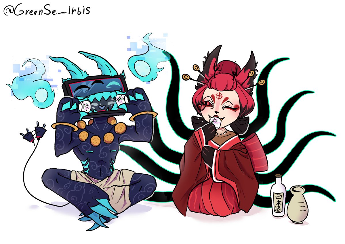 GreenSe_irbis's tweet photo. Day 2 — Cosplay. 
🪭Japanese mythology
 Alastor as a kitsune &amp; Vox as an oni demon  #alvoxtober2026 #Alastor #Vox https://t.co/lVq0SnTJCV