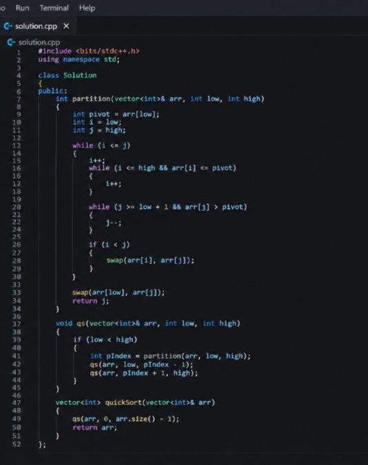 Vaishnavi_1101_'s tweet photo. Topic Quick Sort

Mistakes :-
1. Forgot to define the Solution class
2. Put the array-bound check after accessing arr[i] / arr[j]

Fixed them, understood why they happened, and got the code working.
#DSA #QuickSort #CPlusPlus #CodingJourney #100DaysOfCode #LearningInPublic https://t.co/tICTOOkDea