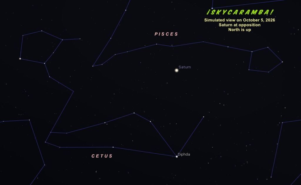 SkyCaramba's tweet photo. Saturn's at opposition this weekend. It rises at sunset, reaches its highest around midnight, and sets at sunrise. The ringed planet is 8.434 astronomical units (earth-sun distances) from us. This is about as close as it will be all year. https://t.co/MtEghPtOUW
