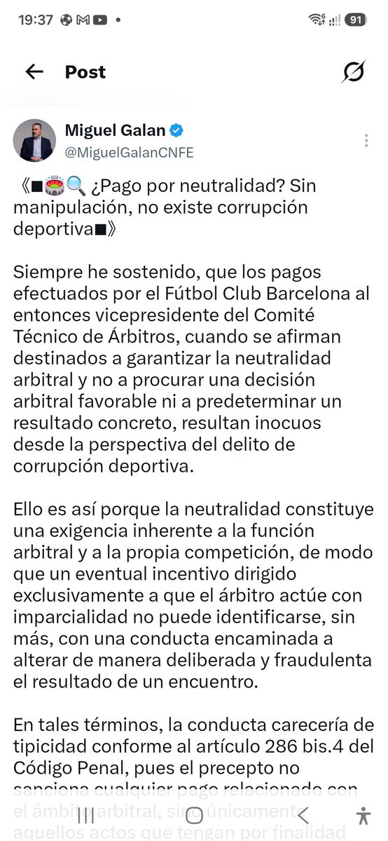 SerYebra's tweet photo. @MiguelGalanCNFE,vete a un juez y págale por una sentencia neutral. Luego me escribes desde la cárcel y me cuentas. 
Si un equipo paga por neutralidad y los otros 19 no, es influencia.
Además Negreira dijo "para asegurarse que no hubiera arbitrajes en contra " también https://t.co/YKhwRkKcZm
