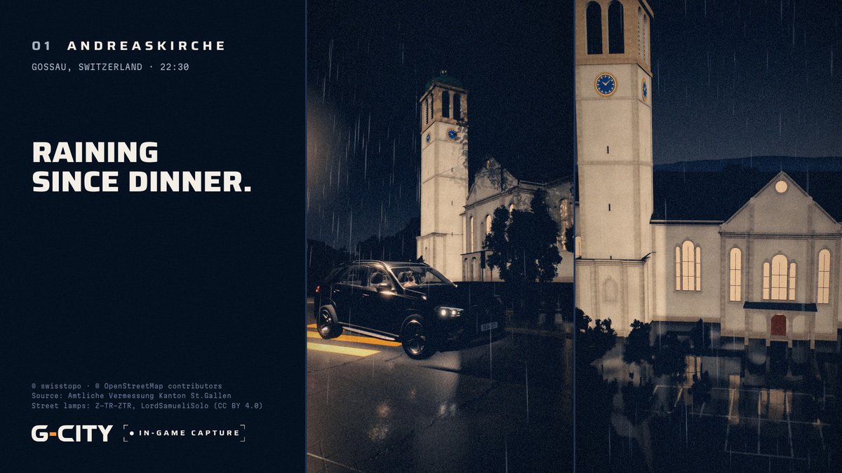 gcity_ch's tweet photo. Andreaskirche, 22:30. It's been raining since dinner.

Gossau, Switzerland, rebuilt from the official land survey. A free open-world browser game, still in development. Waitlist via the link in our profile.

In-game capture · rendered offline · film look
#gamedev #indiegame https://t.co/T7XDXaqXBL