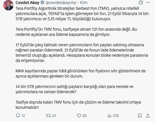 tahtanotlari's tweet photo. Sağ olsun Cevdet Akay bizi yanıtsız bırakmadı.

1 Ekim’de TMV mağduriyetini kendisine iletmiştik. Bugün konuyu açık şekilde gündeme taşıdı; 14.578 yatırımcıyı, 5,15 milyar TL’lik büyüklüğü, TMV’nin tasfiye dışında kalmasını ve blokaj nedeniyle yatırımcıların paralarına erişememesini sordu. TMV’de 21 Eylül itibarıyla 14.578 yatırımcı ve yaklaşık 5,15 milyar TL fon büyüklüğü görülüyor. 

Özellikle şu sorusu çok önemli:

“14 bin 578 yatırımcının sattığı payların karşılığı olan para nerede ve yatırımcılara ne zaman ödenecek?”

Bizi dinleyip konuyu gündeme taşıdığı için teşekkür ederiz @cevdetakaychp.

#TMVBlokajKaldırılsın #TMVDuyulsun #TMV #TeraPortföy #FonMağdurları