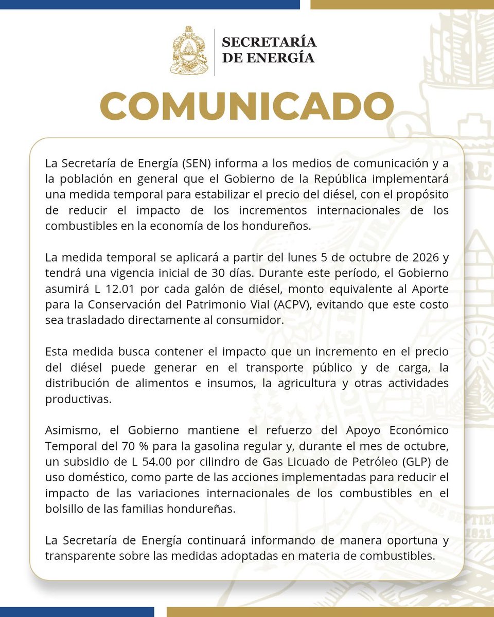 SENHnOficial's tweet photo. 📢 COMUNICADO

El Gobierno de la República implementa nuevas medidas temporales para reducir el impacto del aumento internacional de los combustibles y proteger la economía de las familias hondureñas.

Conozca los detalles en el comunicado oficial. ⬇️ https://t.co/wcYhRihPs5