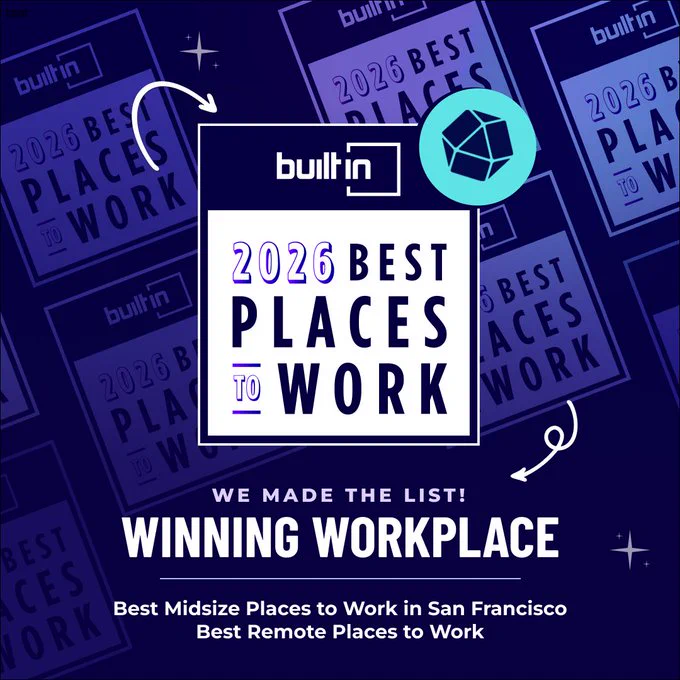 Promotional graphic featuring the "2026 Best Places to Work" award by Built In. The image highlights the accolades: "Winning Workplace," "Best Midsize Places to Work in San Francisco," and "Best Remote Places to Work." The design uses a blue and purple color scheme with decorative geometric elements.