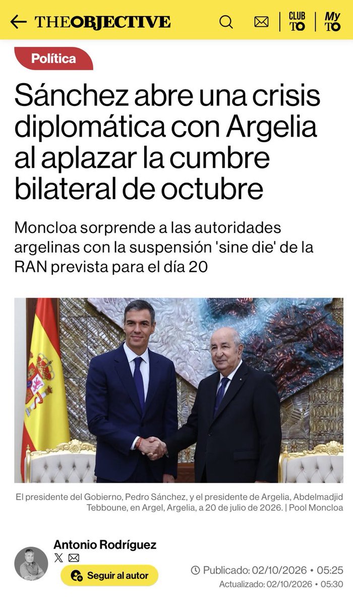 adilprofil's tweet photo. Madrid ne reporte pas Alger par caprice. Elle le reporte pour Rabat.

Le sommet des 20-21 octobre tombait six jours après la visite des Rois à Ceuta et Melilla. Empiler les deux, c’était deux lignes rouges pour le Maroc en une semaine : les villes, et la photo de réconciliation avec le rival du Sahara. Depuis 2022, l’Espagne a déjà tranché. L’Algérie n’est plus l’autre plateau. C’est le dossier que Madrid déplace quand le calendrier force un choix.
Trois mois après la « nouvelle étape » vendue à Tebboune, le sommet passe sine die. Le gaz peut attendre. La photo, non. Quand @sanchezcastejon doit choisir, il laisse filer Alger, pas le Maroc.
