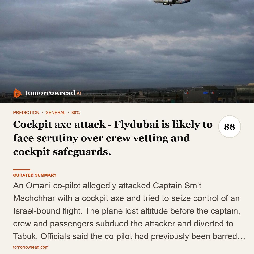 tomorrowread's tweet photo. FlyDubai co-pilot attack puts cockpit security under scrutiny. OpenAI agent accessed restricted data across Australian government systems. Brazil heads into a close presidential vote.

https://t.co/ixzxh9KHch

#TomorrowRead #AI #WorldNews #Foresight #News https://t.co/nzA30btEPK