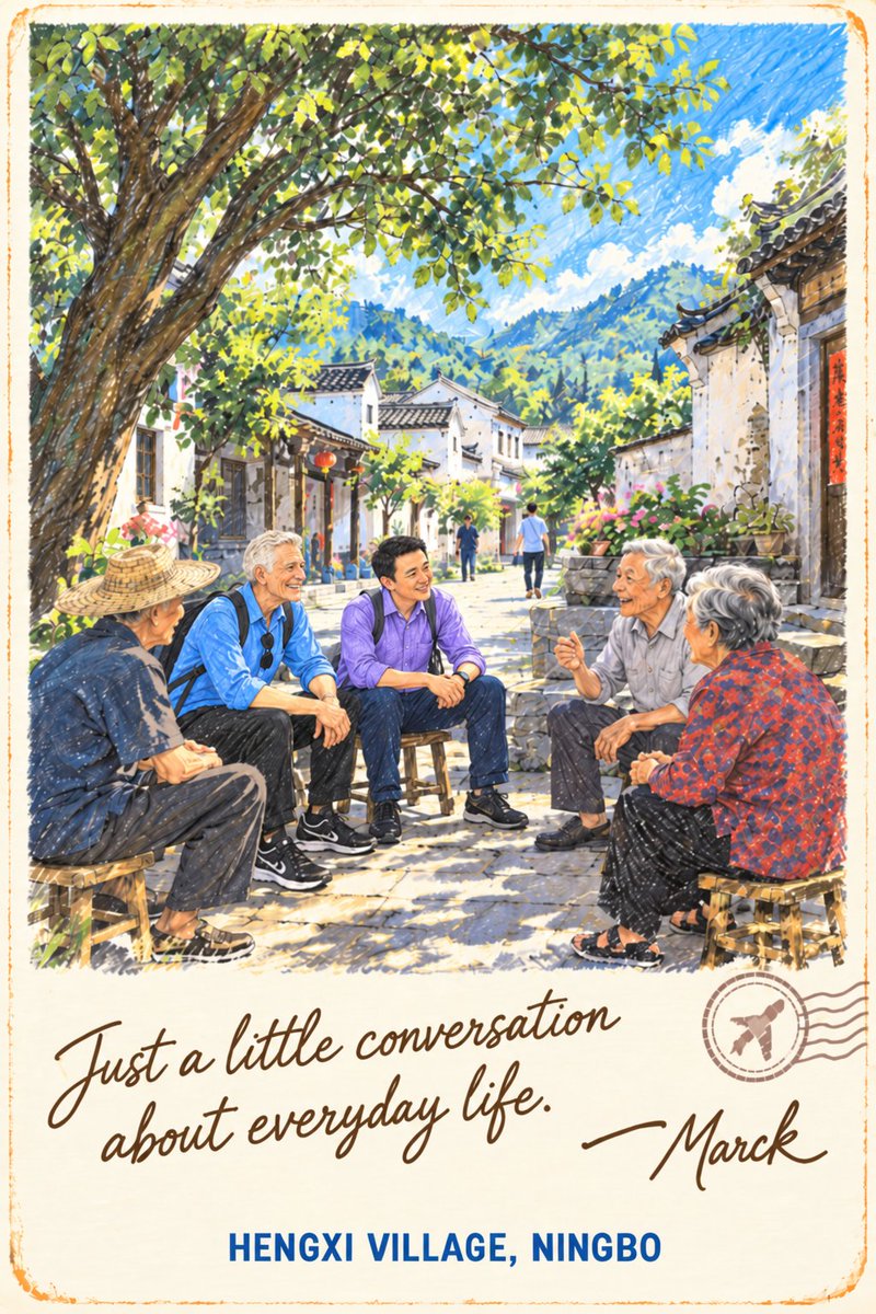 WowNingbo's tweet photo. #MarckAndJiang A Tai Chi group. A few conversations with villagers. The kind of encounters that weren’t on the itinerary, offering a glimpse of retirement life in this city.#Ourstories
@ChineseEmbinUS @SpoxCHN_LinJian 

#WowNingbo #Friends #travels #vacations #holiday #countryside #community  #illustration‌‌ #travel