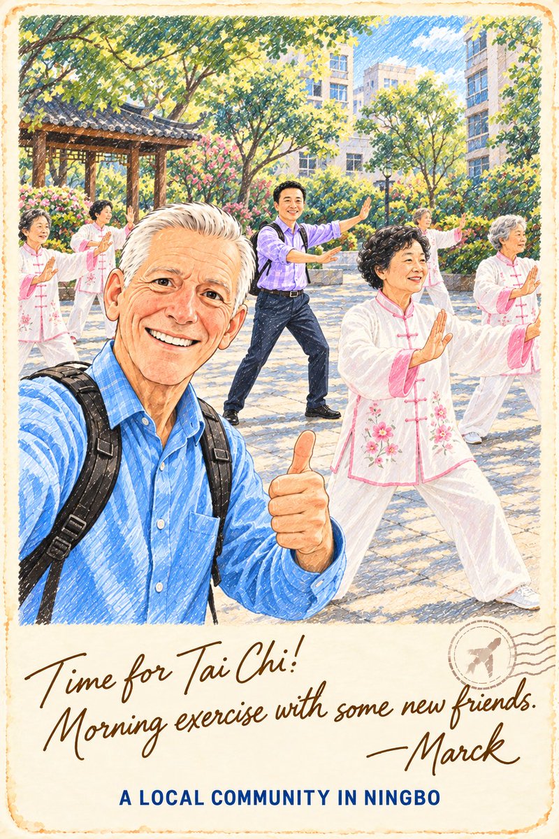 WowNingbo's tweet photo. #MarckAndJiang A Tai Chi group. A few conversations with villagers. The kind of encounters that weren’t on the itinerary, offering a glimpse of retirement life in this city.#Ourstories
@ChineseEmbinUS @SpoxCHN_LinJian 

#WowNingbo #Friends #travels #vacations #holiday #countryside #community  #illustration‌‌ #travel