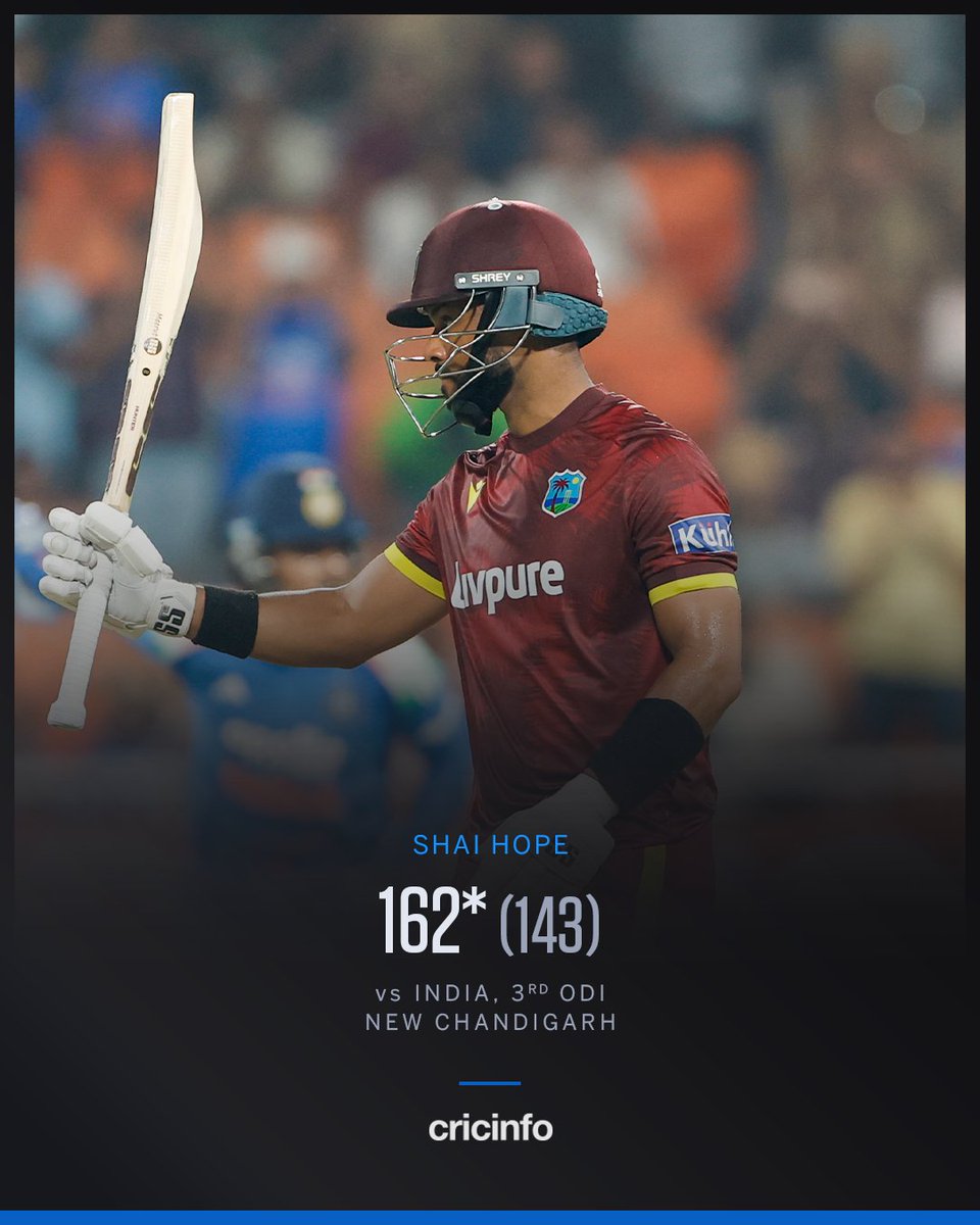cricinfo's tweet photo. 50 overs behind the stumps. 48.2 overs at the crease. One niggle battled through. One sensational 162 💯🔥

Shai Hope, take a bow! 👏 https://t.co/kwDcVMqcJO