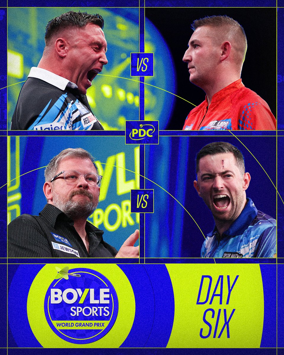 OfficialPDC's tweet photo. SEMI-FINALS ‼️

Gerwyn Price, Nathan Aspinall, James Wade and Luke Humphries feature at the World Grand Prix semi-finals… a huge evening awaits 🔥 https://t.co/MANFw95Cr8