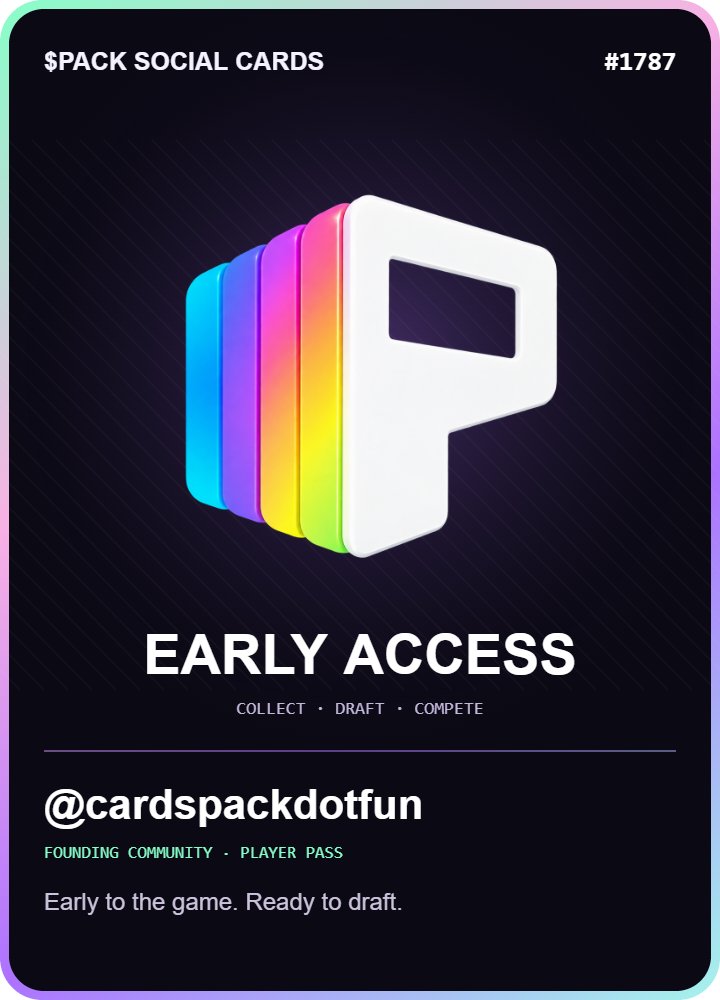 cardspackdotfun's tweet photo. I'm joining $PACK Social Cards early. Collect KOL cards, build a deck, and compete.

My early member pass #1787 · 
Early to the game. Ready to draft.

@cardspackdotfun 

https://t.co/YYo5jJ80F7 https://t.co/z5Utsp776c