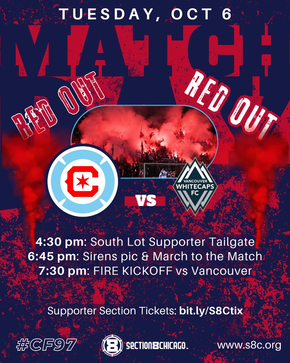 Section8Chicago's tweet photo. Our Men In Red return home to Soldier Field this Tuesday!
❤️ Wear your best #cf97 red and let’s send the visitors back to Canada empty handed!
🏳️‍🌈🏳️‍⚧️ @prideraiser time! https://t.co/mi9VTqSMvf

🚗 South Lot tailgate 4:30pm
🥁 March to the Match 6:45pm
🔥 @chicagofire kickoff 7:30pm https://t.co/RFZgOwrukQ