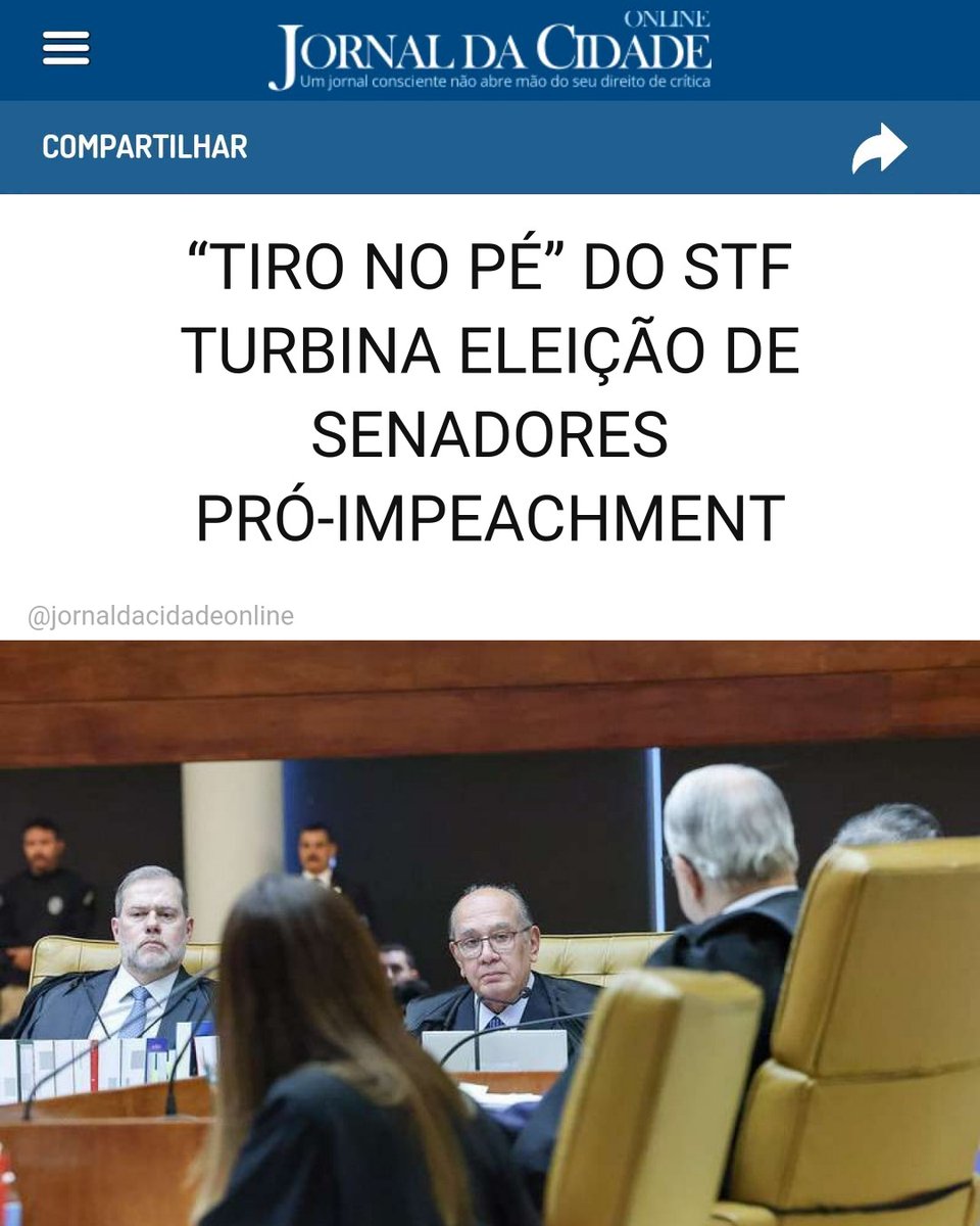 JornalDaCidadeO's tweet photo. “TIRO NO PÉ” DO STF TURBINA ELEIÇÃO DE SENADORES PRÓ-IMPEACHMENT

A interferência do ministro Gilmar Mendes, do Supremo Tribunal Federal (STF), no debate da Rede Globo, além de indevida, foi absolutamente ilegal. Um verdadeiro 'tiro no pé' que na reta final da campanha eleitoral vai turbinar para eleger candidatos que já se declararam favoráveis ao impeachment de ministros da Suprema Corte. O jornalista Claudio Magnavita analisou a questão da seguinte forma:

"O STF deu um tiro no pé ao interferir no debate da Globo. A maior e mais esperada janela do debate democrático foi fechada pelo esforço de sobrevivência da suprema corte, que teme o resultado das eleições.

Não poderia ficar mais claro a interferência desta parte do STF pró-Lula no processo eleitoral. O trauma causado turbinou a eleição de senador. Só a nova bancada de senadores de direita pode colocar ordem na suprema desordem promovida pelas interferências da Suprema Corte brasileira."

Matéria do Jornal da Cidade Online