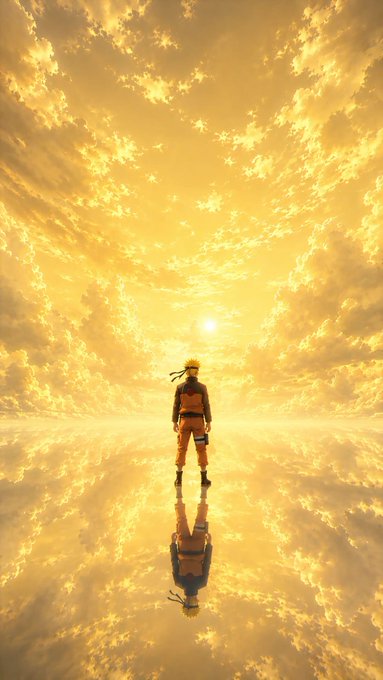 A digital artwork of a character resembling Naruto standing on a reflective surface beneath a dramatic, golden cloudy sky.