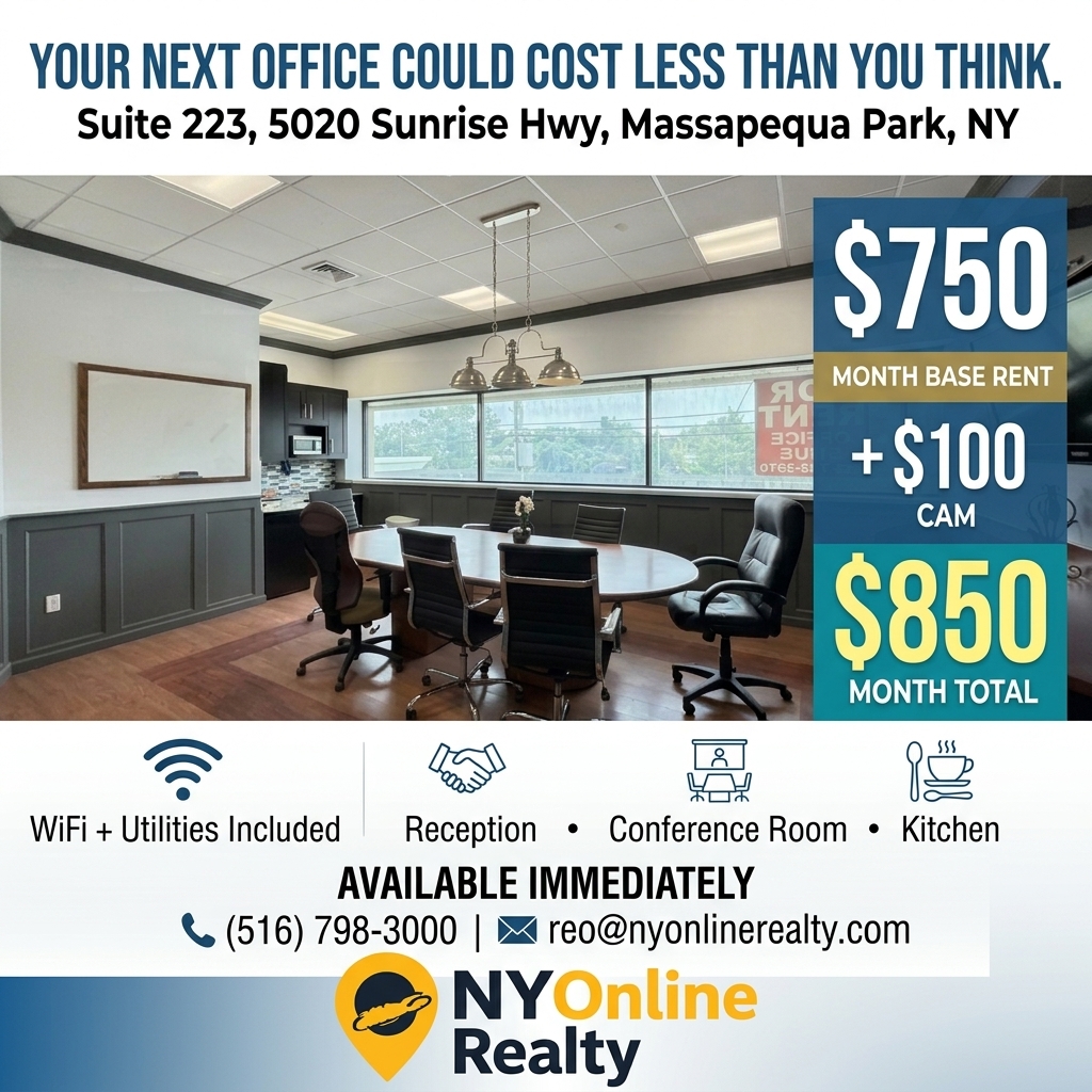 WinstonDal68's tweet photo. Your next professional office may cost less than you think. Suite 223, 5020 Sunrise Hwy, Massapequa Park, NY

$750/month base rent + $100 CAM = $850/month total. Includes Wi-Fi, utilities, reception, conference room, kitchen, waiting areas, https://t.co/k7Sg2XOwL9