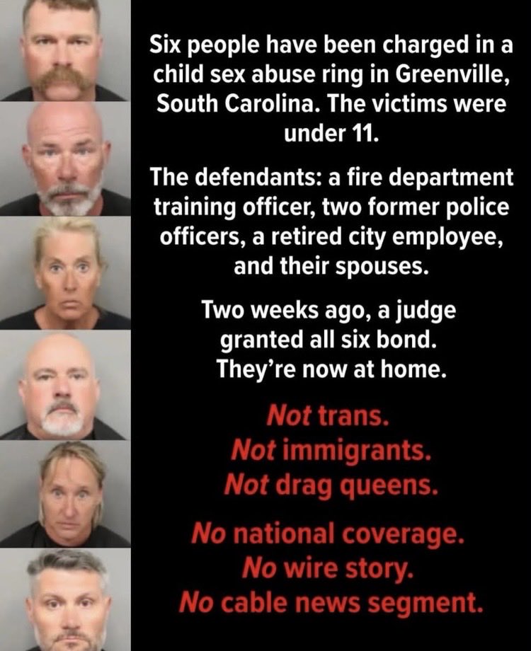 Suzierizzo1's tweet photo. These six individuals were arrested by the GCSD &amp; charged for being connected to an alleged child sex abuse ring dating back to the 1990’s &amp; are all MAGA &amp; voted for Trump.The victims are all under the age of 11. The accused were police,firemen,city employees &amp; their spouses. https://t.co/vIRcYXrecP
