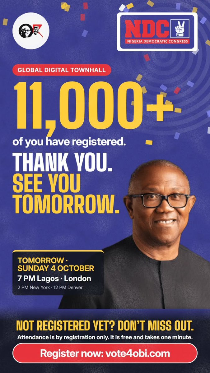 ObidientUpdate's tweet photo. 11,000 and counting.
In less than 24 hours.
Keep the registrations coming.
Go to https://t.co/zuvvTb0rYV to register.
#GlobalDigitalTownhall #VoteNDC #FromConsumptionToProduction https://t.co/KQbQ0vtUIe