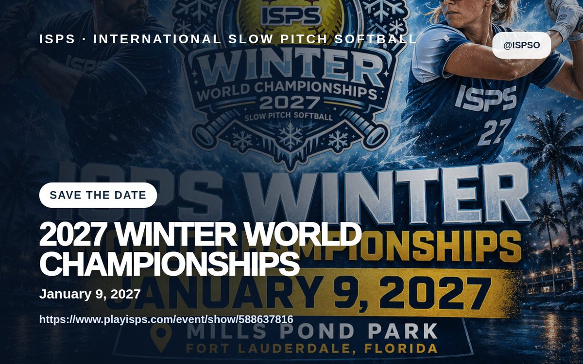 ISPSO's tweet photo. ISPS IS MOVING. 🥎

2027 WINTER WORLD CHAMPIONSHIPS · Jan 9, 2027

https://t.co/rx3rld75dA
#ISPS #SlowPitchSoftball https://t.co/CIyZRJL67M
