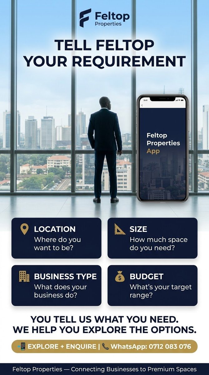 Feltoppropertie's tweet photo. 🏢 Looking for business space?
Tell Feltop your:
📍 Location
📐 Size
🏢 Business type
💰 Budget
We'll help you explore suitable opportunities.
📲 https://t.co/3qYWe9h97S
#FeltopProperties #NairobiBusiness #CommercialRealEstate https://t.co/RwjitYPC20