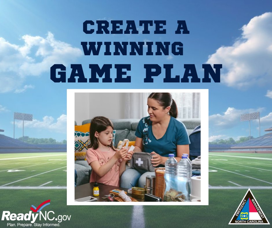 NCEmergency's tweet photo. 🏈 Just like any great team, family preparation is everything. Take the time to talk together, choose your plays, and know what to do in an emergency.  

🏈 Keep safety your number-one strategy!  

#ReadyNC https://t.co/jmnsKEuREG