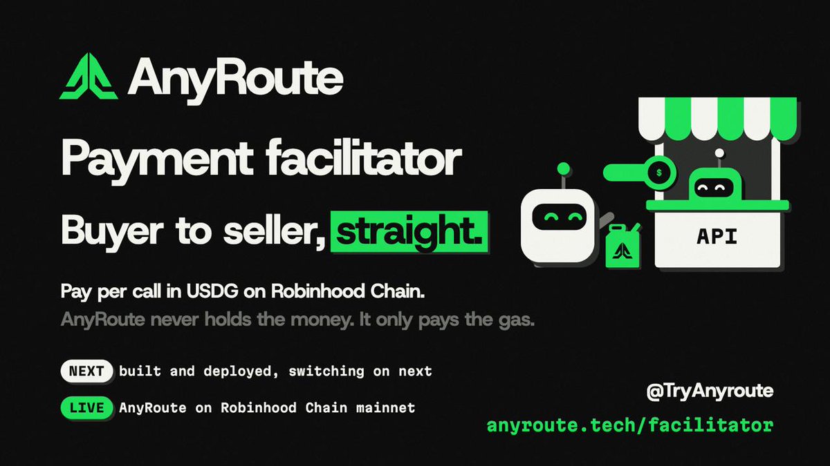 TryAnyroute's tweet photo. Buyer to seller, straight.

Your agent signs a USDG payment, it's checked first, then it settles on Robinhood Chain straight to the seller. We only pay the gas.

AnyRoute's facilitator: built and deployed, switching on next.

https://t.co/bJIlBZurjh
https://t.co/ebtVwzit8w https://t.co/wDh1yLoz8L