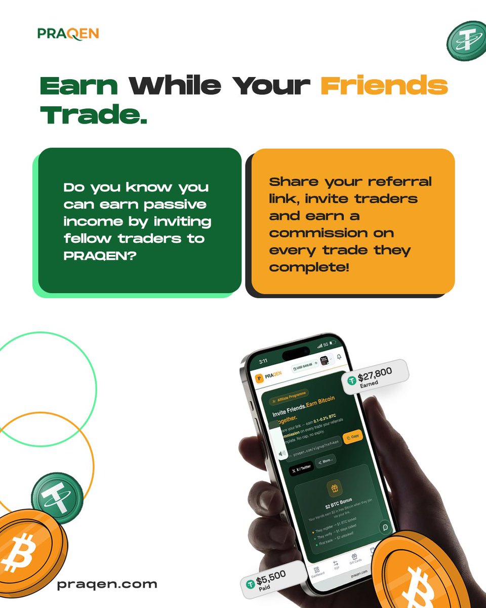 praqenapp's tweet photo. Your friends are trading, but are you earning? 👀💰*

Stop watching. Start earning!

On PRAQEN, you earn PASSIVE INCOME every time your friends complete a trade. Just share your referral link and watch your commission grow - up to 0.1-0.3% BTC on every trade.

Someone already cashed out - you could be next!

Your link is waiting inside the PRAQEN website> Affiliate Program.

Start inviting today: https://t.co/P0BRSN1o92

#PRAQEN #PassiveIncome #CryptoAffiliate #ReferAndEarn