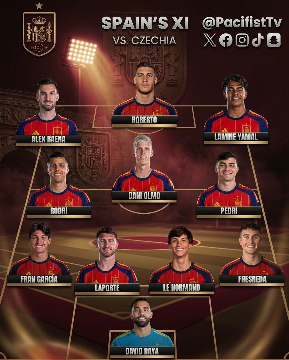 PacifistTv1's tweet photo. La Roja's starting XI is set for the Nations League clash against Czechia. Can Spain secure all three points tonight?
#NationsLeague #SPACZE #LaRoja #Football https://t.co/4nKYytbAPG