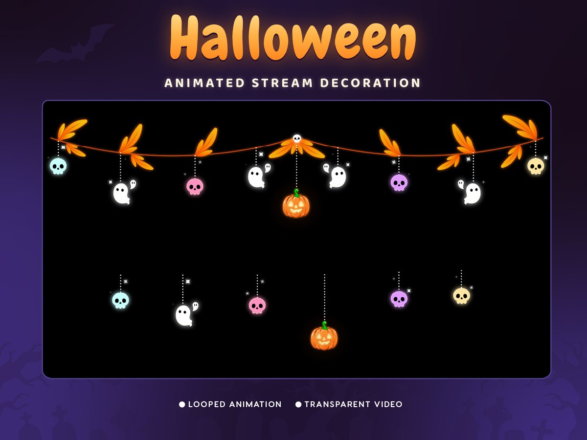twitch_element's tweet photo. Spooky season, but make it cute 👻🎃
New animated stream decoration with glowing autumn leaves, ghost buddies, pastel skulls &amp; a Jack-o’-Lantern.
Transparent. Looped. OBS ready.
Would you use this for your Halloween streams?
#VTuber #TwitchStreamer #HalloweenStream #StreamOverlay https://t.co/HVhql09S0G