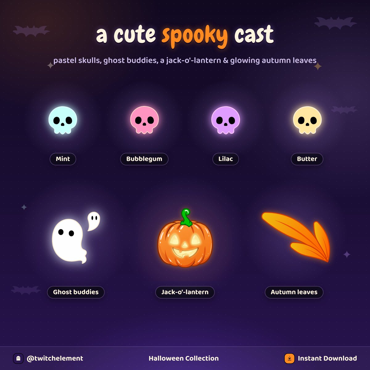 twitch_element's tweet photo. Spooky season, but make it cute 👻🎃
New animated stream decoration with glowing autumn leaves, ghost buddies, pastel skulls &amp; a Jack-o’-Lantern.
Transparent. Looped. OBS ready.
Would you use this for your Halloween streams?
#VTuber #TwitchStreamer #HalloweenStream #StreamOverlay https://t.co/HVhql09S0G