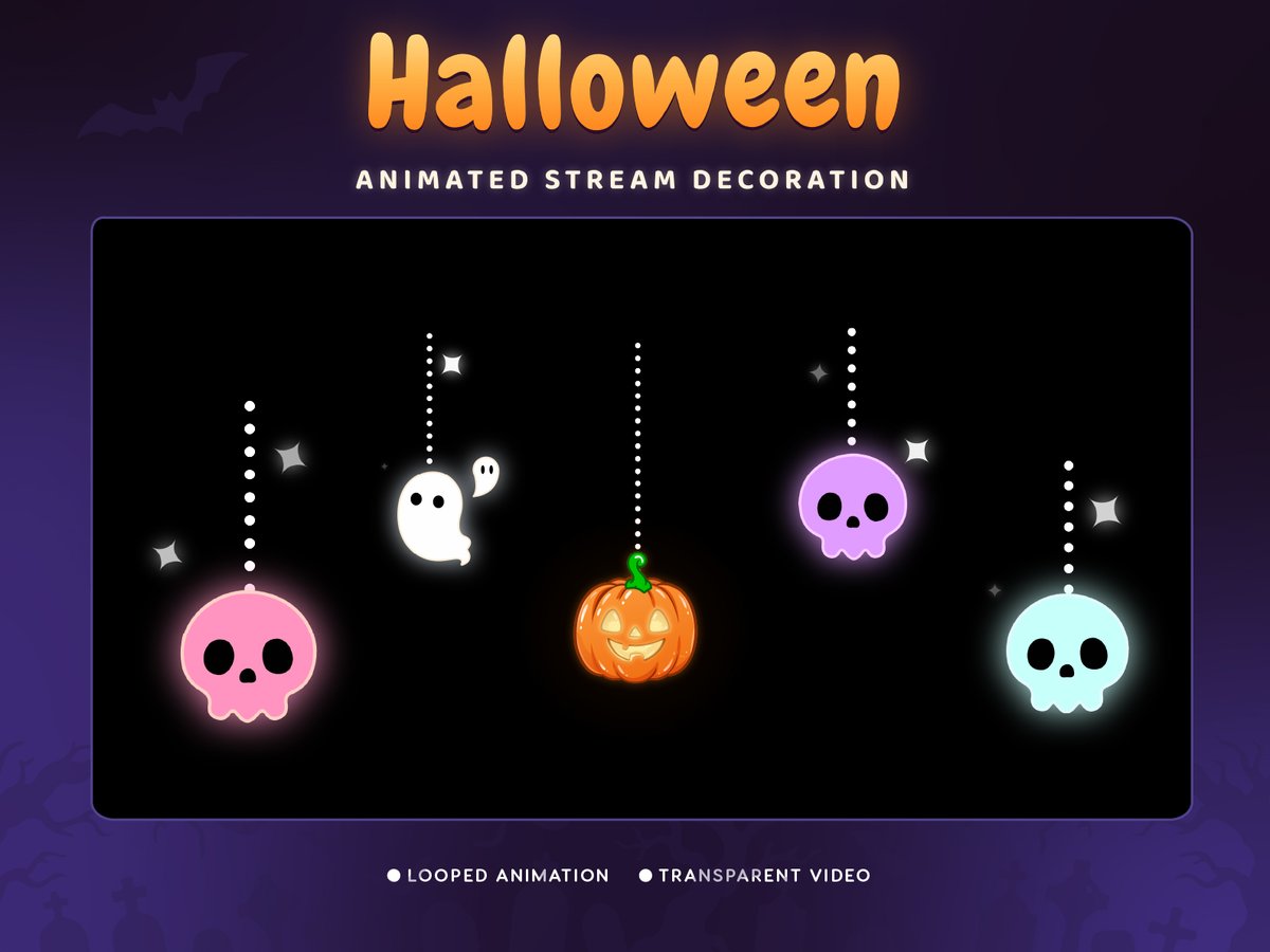 twitch_element's tweet photo. Spooky season, but make it cute 👻🎃
New animated stream decoration with glowing autumn leaves, ghost buddies, pastel skulls &amp; a Jack-o’-Lantern.
Transparent. Looped. OBS ready.
Would you use this for your Halloween streams?
#VTuber #TwitchStreamer #HalloweenStream #StreamOverlay https://t.co/HVhql09S0G