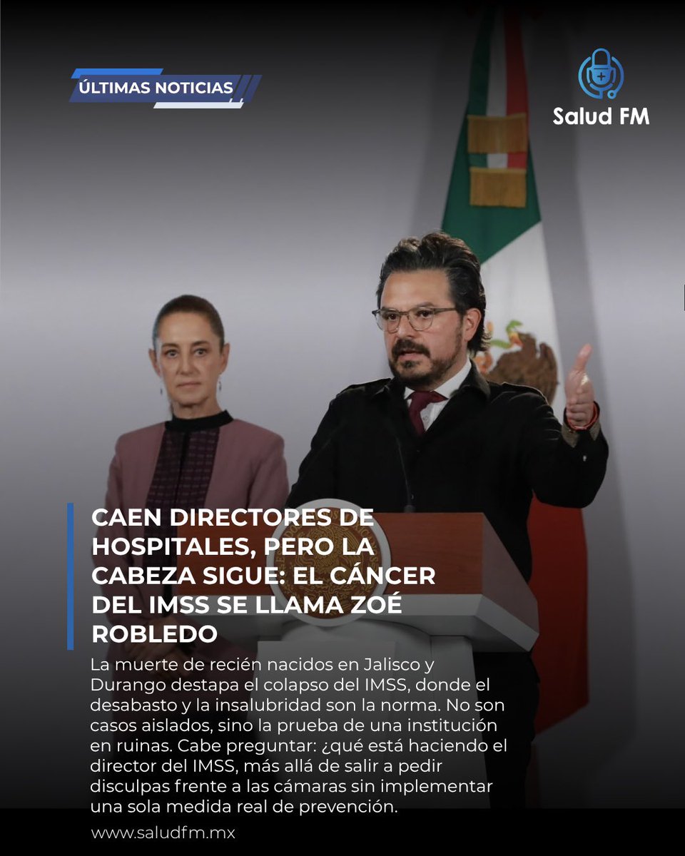 saludconfer's tweet photo. 🤬Zoé Robledo corre a todos, ¿pero quién lo corre a él?

Las recientes tragedias en las Unidades de Cuidados Intensivos Neonatales de Jalisco y Durango han puesto al descubierto, una vez más, la profunda crisis que atraviesa el Instituto Mexicano del Seguro Social (IMSS). 

😔👼🏻La muerte de recién nacidos a causa de infecciones nosocomiales no es un hecho aislado; es el síntoma de una institución donde la escasez de insumos, el desabasto y las deficiencias en las condiciones mínimas de higiene se han vuelto la norma cotidiana.
Ante la gravedad de los hechos, la respuesta institucional de la Dirección General ha seguido un libreto predecible: la separación temporal de mandos locales, comunicados con disculpas públicas y la promesa de investigaciones. 

👀Sin embargo, este esquema de contención mediática plantea una interrogante fundamental para la opinión pública: ¿hasta dónde llega la responsabilidad de la máxima autoridad del instituto?

Sancionar al personal operativo o suspender a directores de hospitales locales ataca las consecuencias, pero evade la raíz del problema. La gestión de los recursos, la distribución del presupuesto, la garantía de suministros básicos para esterilización y la infraestructura de salud corresponden a la administración central. Cuando la respuesta recurrente ante la pérdida de vidas humanas se limita a la gestión de imagen y al reparto de culpas hacia abajo, la capacidad de liderazgo de la institución queda severamente cuestionada.

📸🏥El Seguro Social no necesita más conferencias ni discursos de pesar; requiere una reestructuración profunda, transparencia absoluta en las carpetas de investigación y una evaluación real de quiénes encabezan el sistema de salud. La ciudadanía y las familias afectadas no exigen chivos expiatorios, sino la asunción plena de responsabilidades en todos los niveles directivos.

#imss #salud #noticias #mexico #hospital