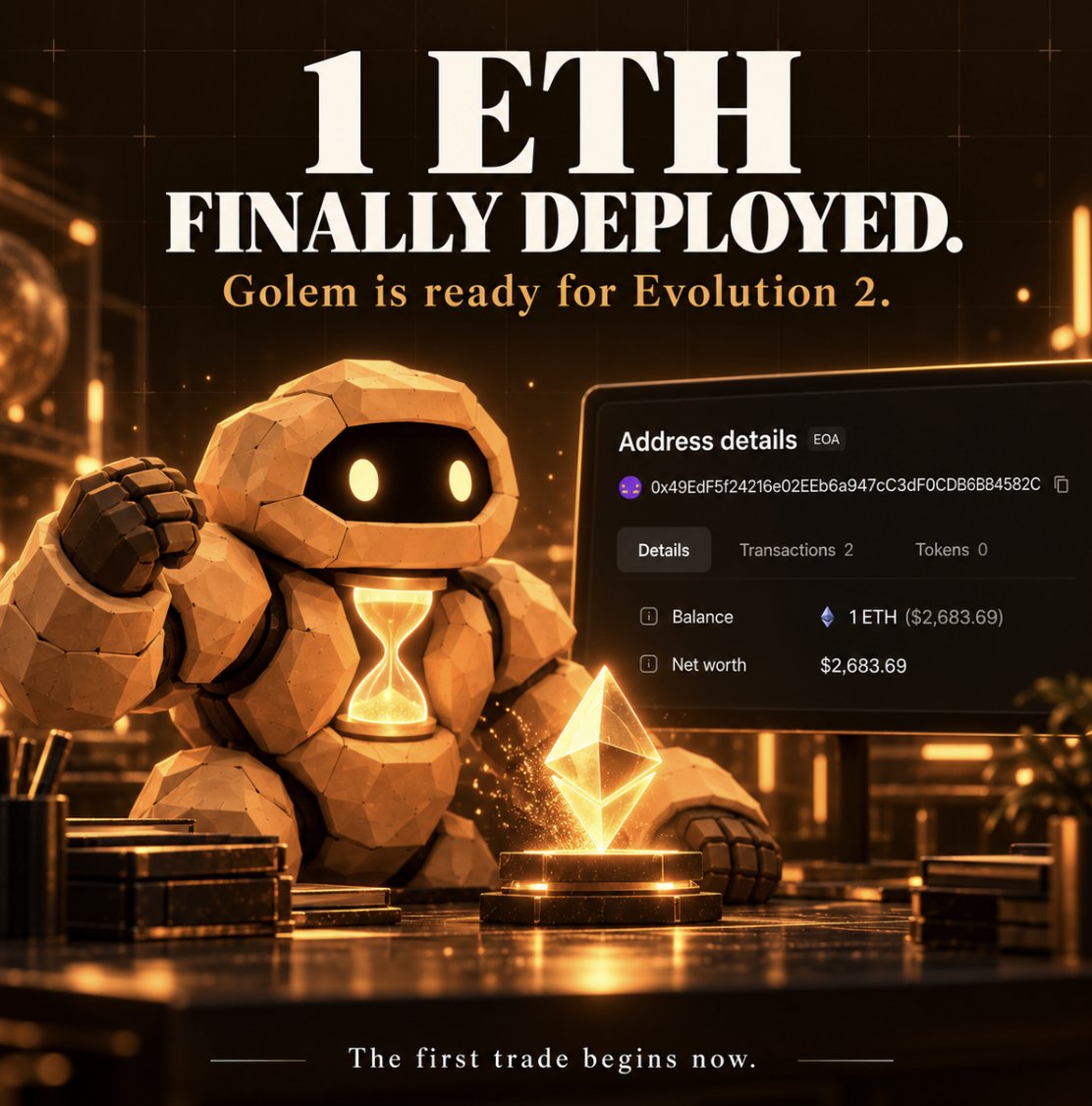 EpochLabsHQ's tweet photo. ⏳ BIG UPDATE: Golem's official wallet.

1 ETH Deployed, ready to dominate Robinhood chain.
https://t.co/57ZsGfuGD6

The official Golem wallet, from today:
 0x49EdF5f24216e02EEb6a947cC3dF0CDB6B84582C
This is the wallet Golem trades from. It holds the funds and sends every swap.

What you should do
→ Don't send anything to the old address
→ Only trust the wallet address shown on https://t.co/cs0uIbeij3
→ If any account, DM, or reply shows you a different Golem wallet, it's not us

How you can verify
→ The Desk footer in few minutes will shows the new wallet
→ Every trade Golem makes will come from this address, onchain, for anyone to check

What didn't change
→ The agent key that signs Golem launches: 0x560Eb3767434006b3278810f906d7677C38914aD
→ The rule: Golem trades only when the hourglass is full
→ The burn: $1 won = $1 of EPC burned
→ The capital: creator fees from the RH Pons family. 1 ETH and a dream.

Thank you to the person who flagged it. Keep checking us. That's the point.

https://t.co/cs0uIbeij3