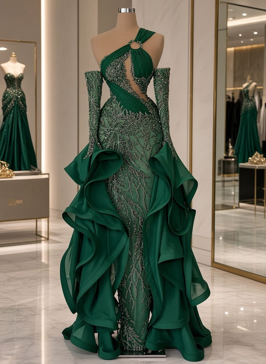 Alianna_4r's tweet photo. One-shoulder magic, crystal waterfall, and those ruffles that demand their own spotlight.  
#EmeraldGown #LuxuryFashion #Showstopper https://t.co/MqyydWLIB9