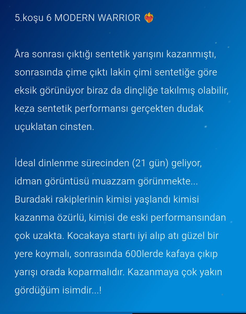 PRINCE270720's tweet photo. Yarın İstanbul yarışlarında tuttuğum isimleri az buçuk yorumladım. Bu demek olmuyor ki üçü de kazanacak. Belki bankoya yakın tuttuğunuz isim için cesaret verir belki de bahis çeşitlerinde fayda sağlar...! 

Umarım fayda sağlarız. İyi akşamlar, iyi okumalar♥️ https://t.co/IGuUpOcJJ8