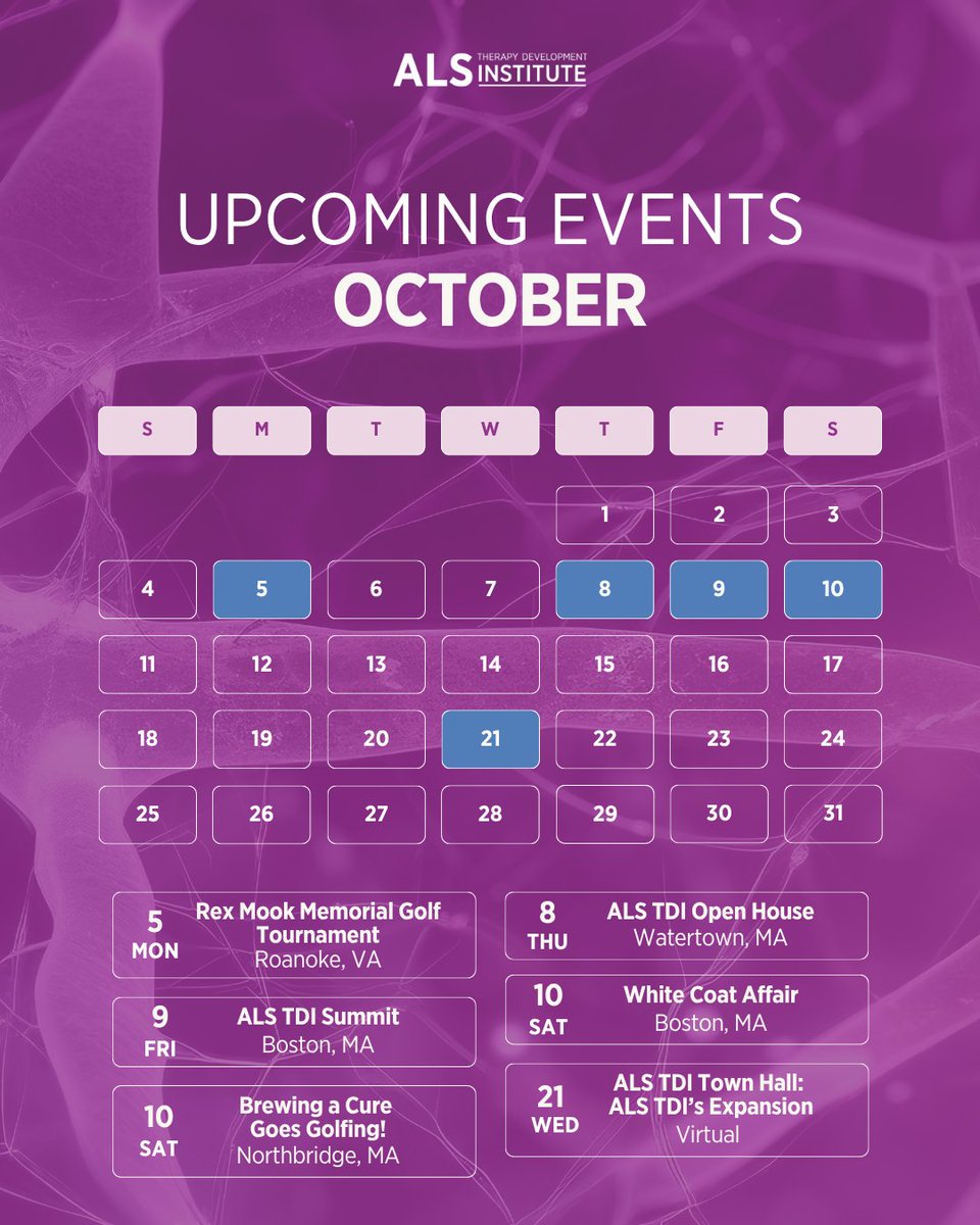 ALSTDI's tweet photo. October is a big month: Leadership Weekend in Boston, two community golf fundraisers, and a virtual Town Hall on our expansion.

The ALS TDI Summit on Oct 9 is free and streams online — a full day of updates on ALS research.

Full lineup: https://t.co/vuPuQYVgFz https://t.co/zmrunv1r8m