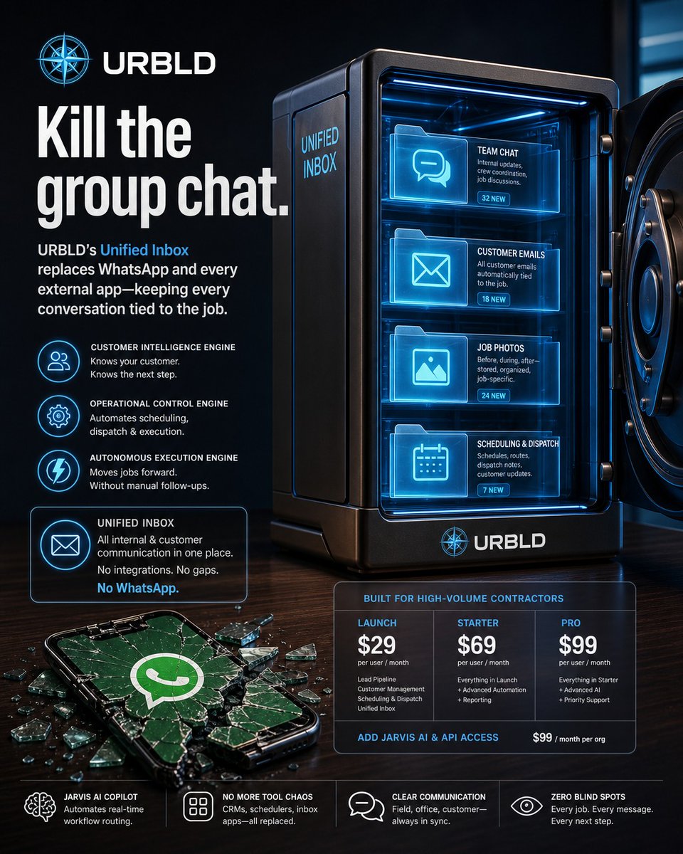 URBLDllc's tweet photo. Your company group chat is an operational liability.

URBLD’s Unified Inbox replaces WhatsApp and external apps, tying every internal chat, customer email, and job photo directly to the job. No blind spots. No manual handoffs. Just execution.

#FieldService #SaaS https://t.co/oJrhTtqX7C