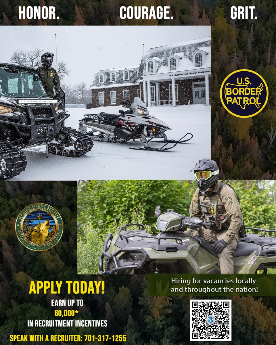 USBPChiefGFN's tweet photo. Protect our nation’s borders and secure your future with the U.S. Border Patrol, Grand Forks Sector. Stand on the front lines and safeguard our communities. Scan the QR code to connect with a recruiter and take the first step toward a meaningful career today! #USBP #GFN #Hiring https://t.co/OvsMXFBVzr