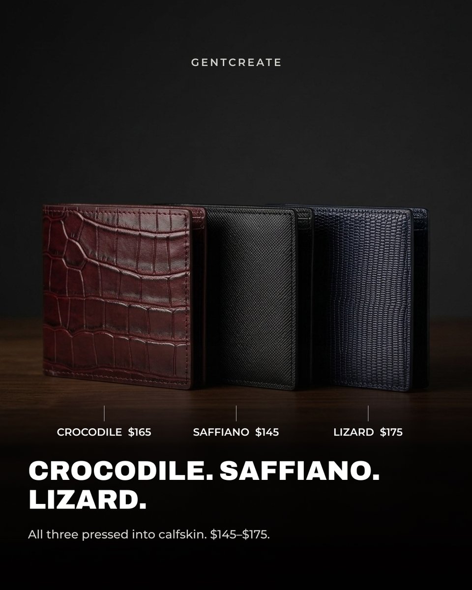 gentcreate's tweet photo. Bifold leather wallet in crocodile-embossed calfskin. 11.5 x 9.5 cm closed. Eight card slots, four a side, and a full-length cash slot. 65% calfskin, 35% Nappa, fabric lined.

#gentcreate https://t.co/wz1bSfbB2j