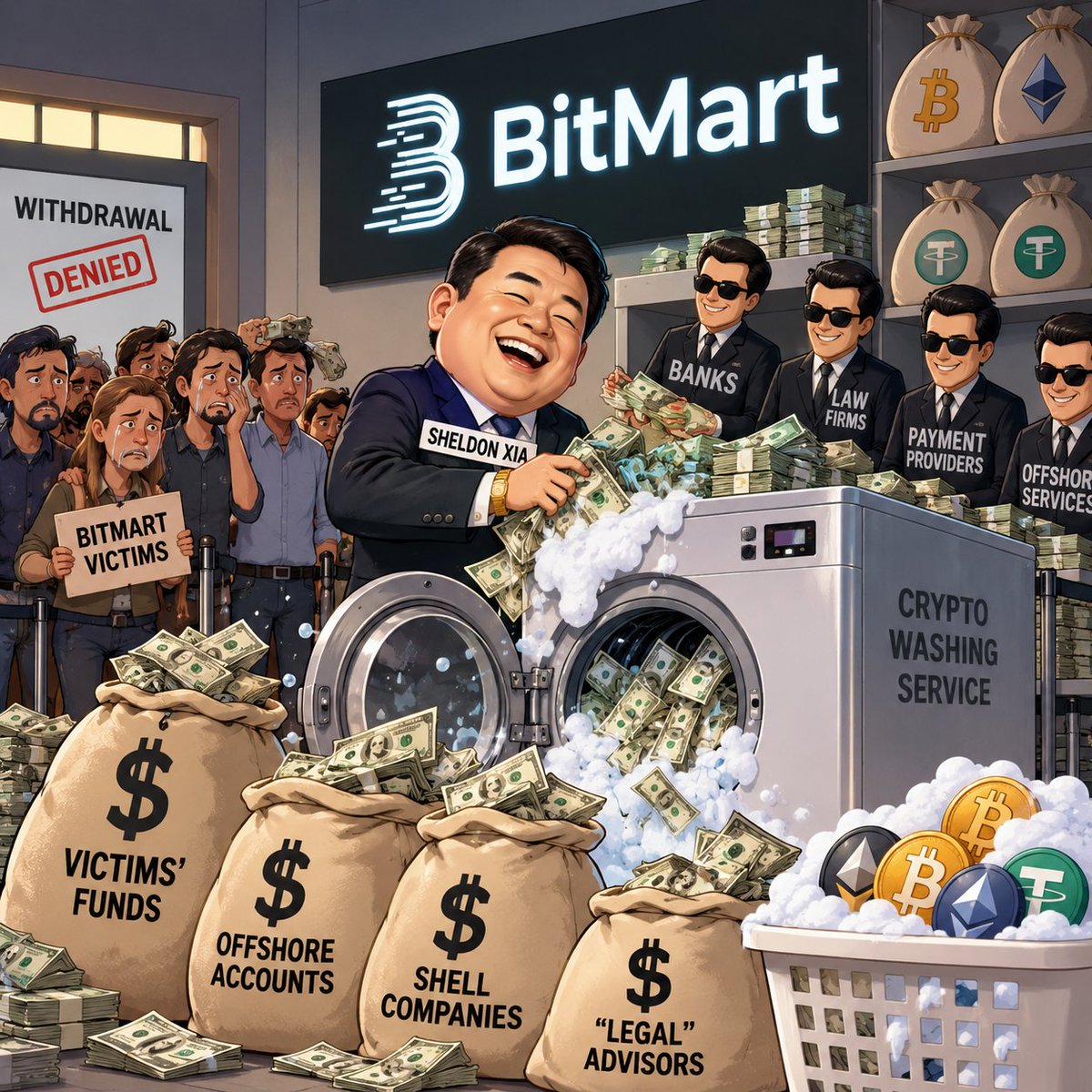 bitmart_scam's tweet photo. Sheldon Xia should not be the only one whose actions are investigated.

Any companies, advisers, intermediaries, or professional service providers that knowingly help Sheldon hide, move, launder, or shield funds belonging to BitMart victims should also be investigated and, where supported by evidence, held criminally accountable.

If you knowingly help protect the money instead of protecting the people who lost it, be prepared for your role to be closely examined.

Share this post. The more attention this gets, the harder it becomes to hide what happened.

#BitMart #BitMartScam #SheldonXia