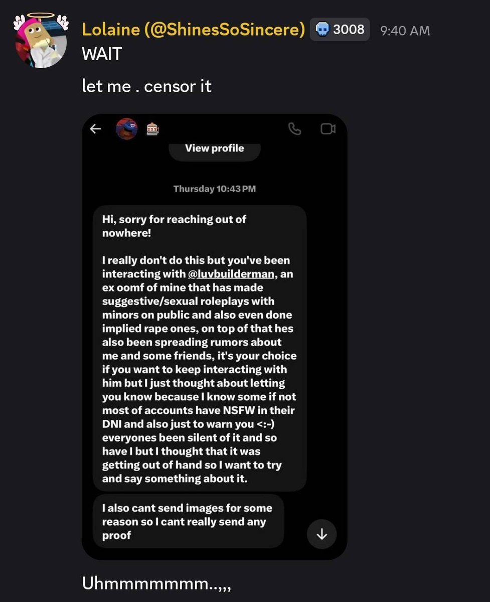luvbuilderman's tweet photo. // id like to finally address everything.

I am being given false allegations by the user @/gambling4eva, also known as @/cyanpuffle.

the following screenshots will provide explanations disproving every allegation.  

cw for grooming, p*dophilia, rape mentions https://t.co/kTIRVq666h
