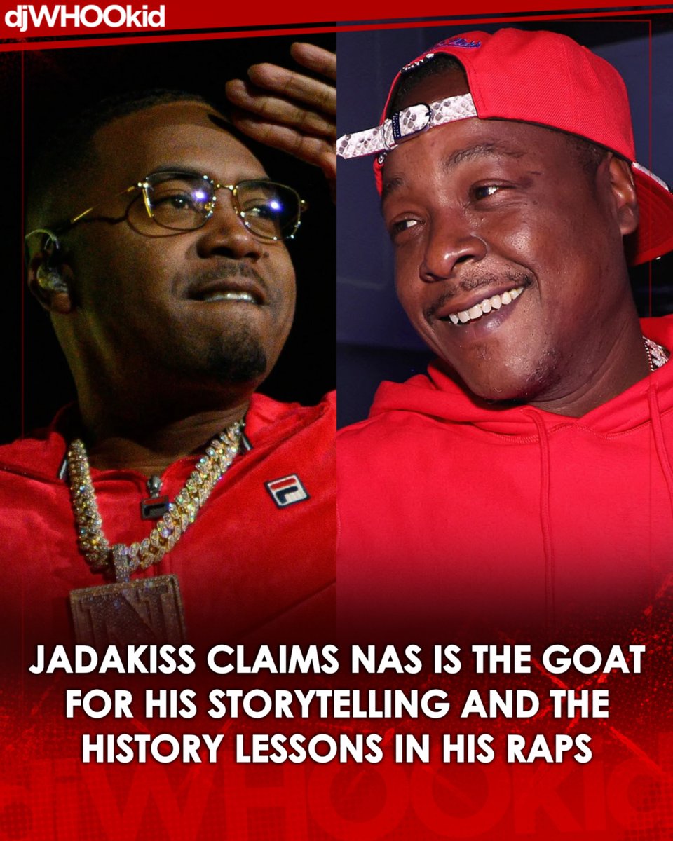 DJWhooKid's tweet photo. “Nas is the best!” 🐐🔥🐐

During the latest “Joe and Jada” episode with Kirk Franklin, Jadakiss gave Nas his flowers for putting knowledge inside his rhymes:

“Nas is the best in dropping dope raps, his storytelling is crazy plus he drops some jewels in every song, you find some positive messages, history lessons in every song”. 

Kiss explained that listening closely can turn a Nas song into a whole history lesson.