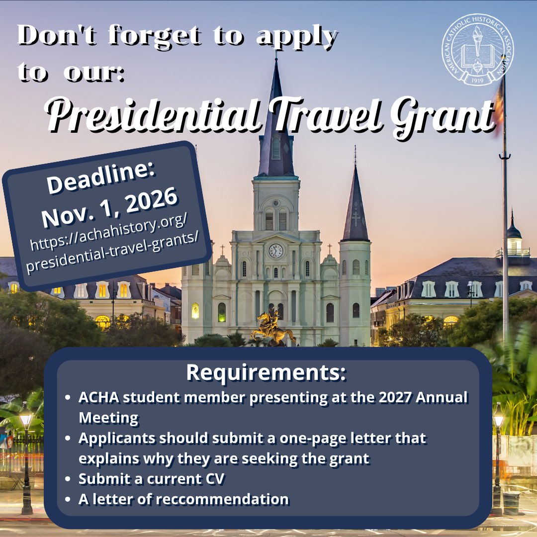 achahistory's tweet photo. Graduate students presenting at the ACHA 2027 Annual Meeting in New Orleans can now apply for the Presidential Travel Grant! The deadline: November 1, 2026. https://t.co/mKXYWgIA5p https://t.co/1eYxrWmgyu