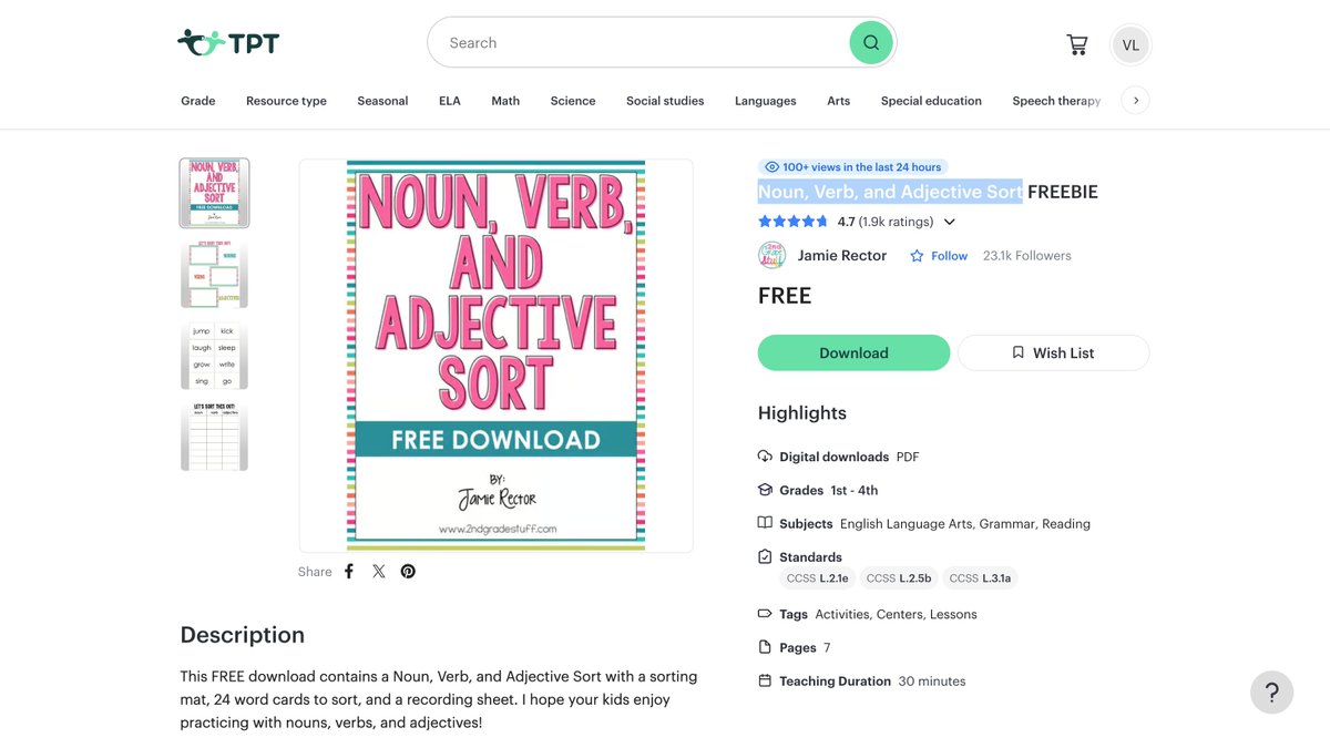 ValeriaLopez081's tweet photo. Thanks to Teachers Pay Teachers I found this Noun, Verb, and Adjective Sort that's free to download. This will be great for my future ELA lessons. #EdTechECC https://t.co/NXLSpLY9NS https://t.co/AGptdfaQUS